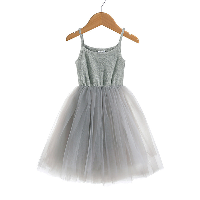 Wholesale Girls Suspenders Rib Splicing Mesh Princess Dress
